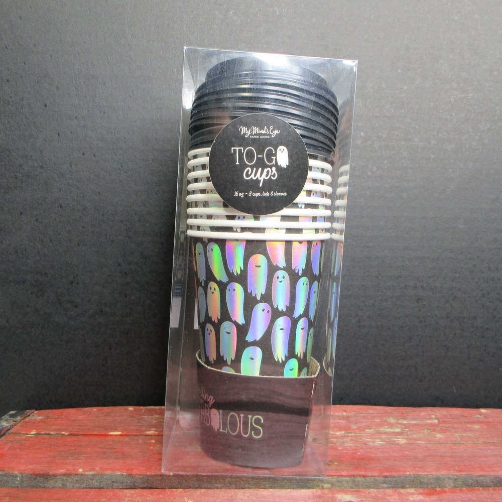 My Mind's Eye Halloween Holographic Ghost To-Go Cups 16 oz 8-Count with Lids NEW
